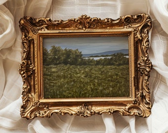 Original peinture à l'huile paysage campagne paysage en sourdine prairie campagne rurale peinture Français art champêtre chalet noyau maussade décor