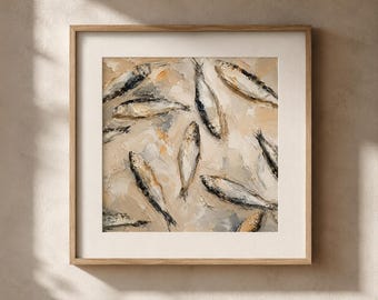 Fish Art Print, Sardines Poster from Original Painting, Neutral Coastal Wall Art, Textured Impasto Artwork, Mediterranean Beach House Decor