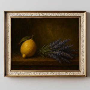 Lemon and Lavender Oil Painting – Moody Still Life Print, Classic Kitchen Wall Art, Rustic Botanical Fruit Decor