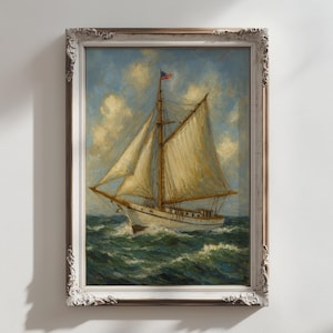 Classic Sailboat Print Oil Painting | Nautical Wall Art | Vertical Marine Artwork | Ocean Ship Painting for Coastal Home Decor