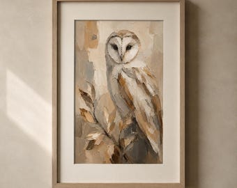 Impression de chouette effraie des cloches, peinture à l'huile originale d'oiseau, affiche d'oiseau sombre de mauvaise humeur, art mural de chouette, peinture d'animaux, décoration d'intérieur de nature sauvage