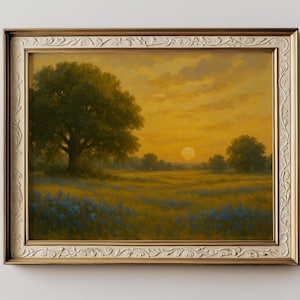 Bluebonnet Original Oil Painting Print Meadow Sunset Moody Landscape Print, Rustic Oak Tree Field Wall Art, Warm Golden Nature Poster
