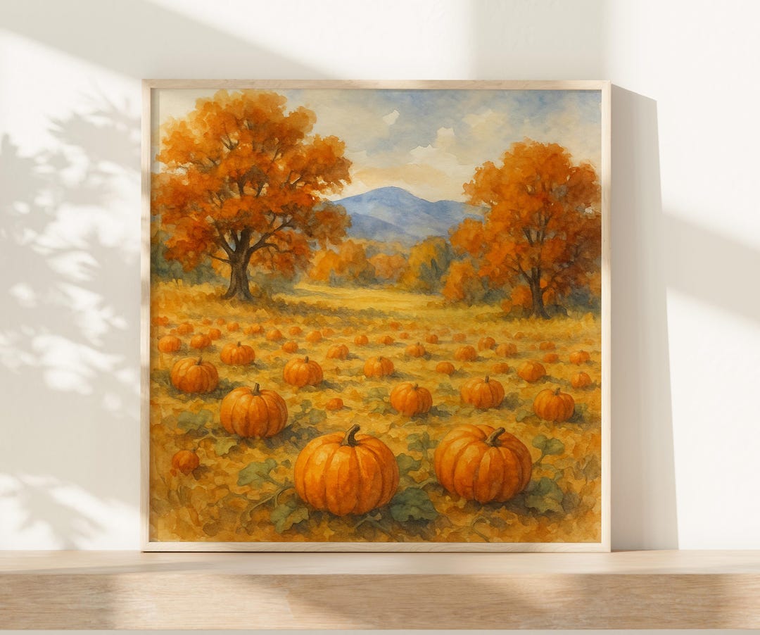 Pumpkin Field Watercolor Print Original Painting Rustic Autumn ...