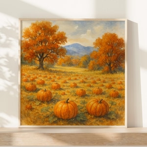 Kürbisfeld Aquarell Druck - Rustikale Herbstlandschaft Poster, Herbst Bauernhaus Wandkunst, Ernte Kürbisse Gemälde für ein gemütliches Wohndekor