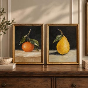 Painting Original Set of 2, Still Life Kitchen Wall Art, Pear Clementine Fruit Artwork, Hand Painted Oil Paintings, Rustic Kitchen Decor