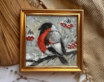 Bullfinch Oil Painting Original Red Bird Art Bullfinch Artwork Moody Bird Oil Painting Winter Snow Oil Painting Art 6 x 6 in