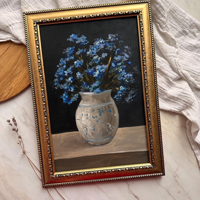 Oil Painting Me Nots Art Blue Flowers Still Life Original Moody