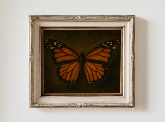 Monarch Butterfly Original Oil Painting Print Wall Art – Moody Oil Painting Print, Orange Insect Still Life, Nature Decor, Horizontal Art