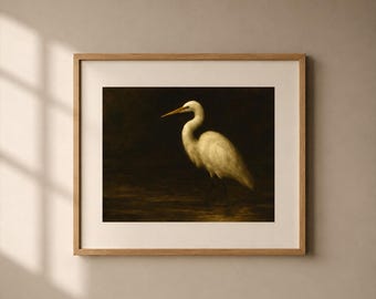 White Heron Original Oil Painting Bird Poster Moody Classic Oil Painting Print, Dark Wall Art, Nature Wildlife Home Decor