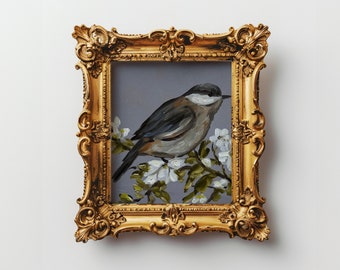 Chickadee Painting Original Oil Art 6 x 6 in Moody Bird Animal Oil Painting