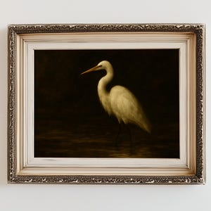 White Heron Bird Poster – Moody Classic Oil Painting Print, Dark Wall Art, Nature Wildlife Home Decor