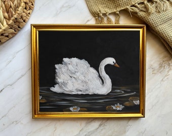Dark Moody Swan Painting. Print. Original Oil Artwork with Water Lilies, Lake, and Lotus - Animal Bird Wall Decor