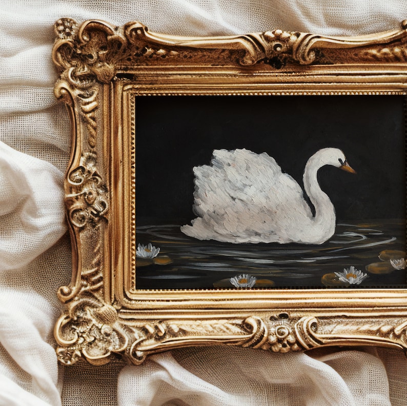 Dark Moody Swan Painting. Print. Original Oil Artwork with Water Lilies, Lake, and Lotus Animal Bird Wall Decor image 9
