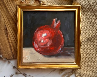 Pomegranate Still Life Painting Original Art Pomegranate Artwork 6 x 6 in Fruit Wall Art French Oil Painting Moody Farmhouse Kitchen Art