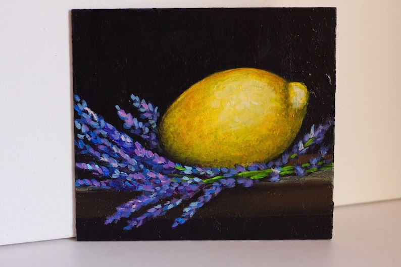 Lemon Painting Original Oil Lavender Still Life Citrus Fruit Wall Art Artwork Decor