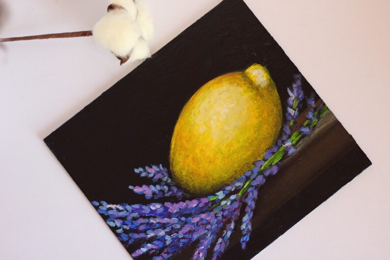 Lemon Painting Original Oil Lavender Still Life Citrus Fruit Wall Art Artwork Decor
