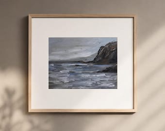 Paisaje costero con gaviotas. Impresión de pintura al óleo original. Pintura al óleo de paisaje oceánico. Arte costero de playa. Decoración de pared con paisaje marino. Regalo.