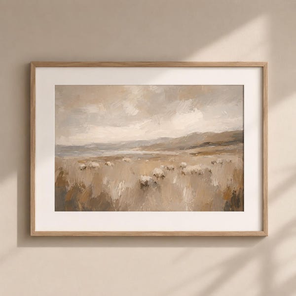 Sheep Print Original Oil Painting Meadow Landscape Artwork Farm Animal Grazing Pastoral Wall Art