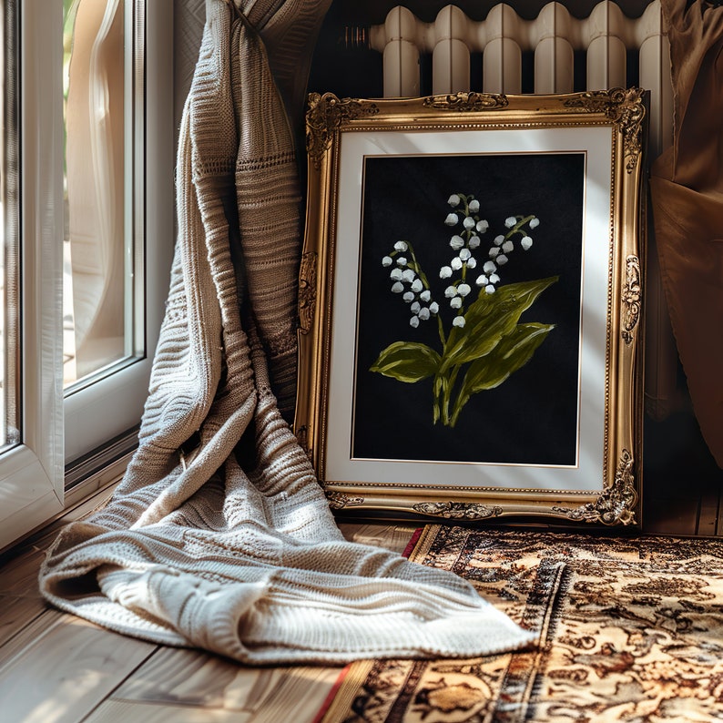 Original Oil Painting Lily of the Valley Art Floral Artwork Spring White Flowers Hand Painted Art Moody Still Life Oil Painting image 4