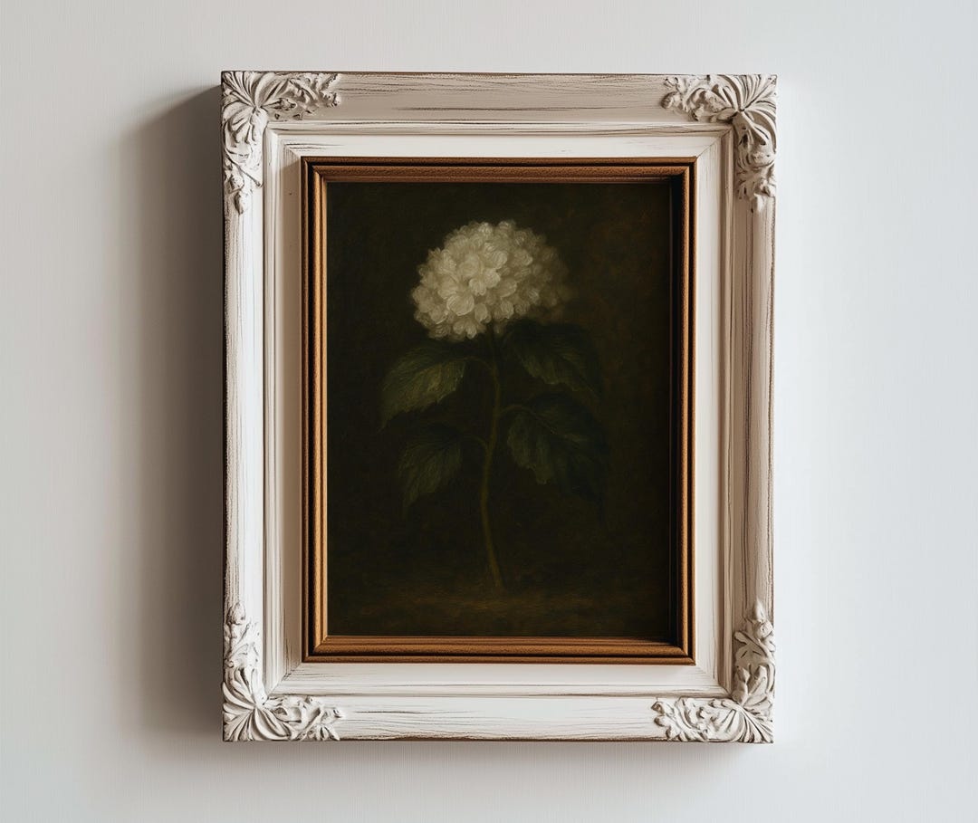 White Hydrangea Moody Oil Painting Botanical Wall Art Print, Vertical ...