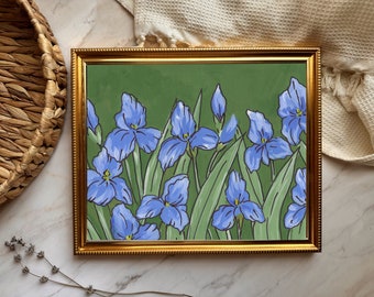 Iris Painting Art Print Floral Spring Large Print Japanese Moody Oil Painting Blue Irises Print Olive Green Botanical Flower Painting