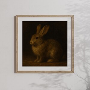 Puede incluir: Una impresi&oacute;n de arte de pared cuadrada enmarcada que presenta la pintura de un conejo marr&oacute;n sentado de perfil sobre un fondo oscuro y sombreado. La obra est&aacute; encerrada en un marco de madera de tono claro con un borde de paspart&uacute; blanco.