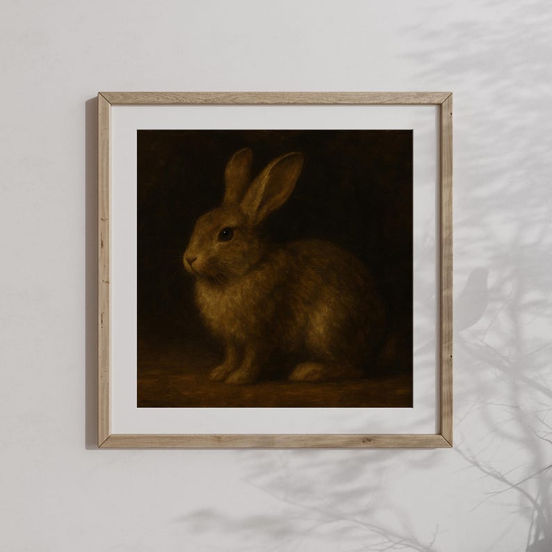 Puede incluir: Una impresi&oacute;n de arte de pared cuadrada enmarcada que presenta la pintura de un conejo marr&oacute;n sentado de perfil sobre un fondo oscuro y sombreado. La obra est&aacute; encerrada en un marco de madera de tono claro con un borde de paspart&uacute; blanco.