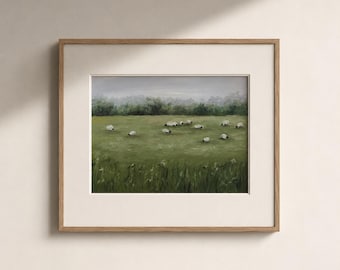 羊の牧草地プリント、素朴な農場の風景壁画、緑の牧草地の絵画プリント