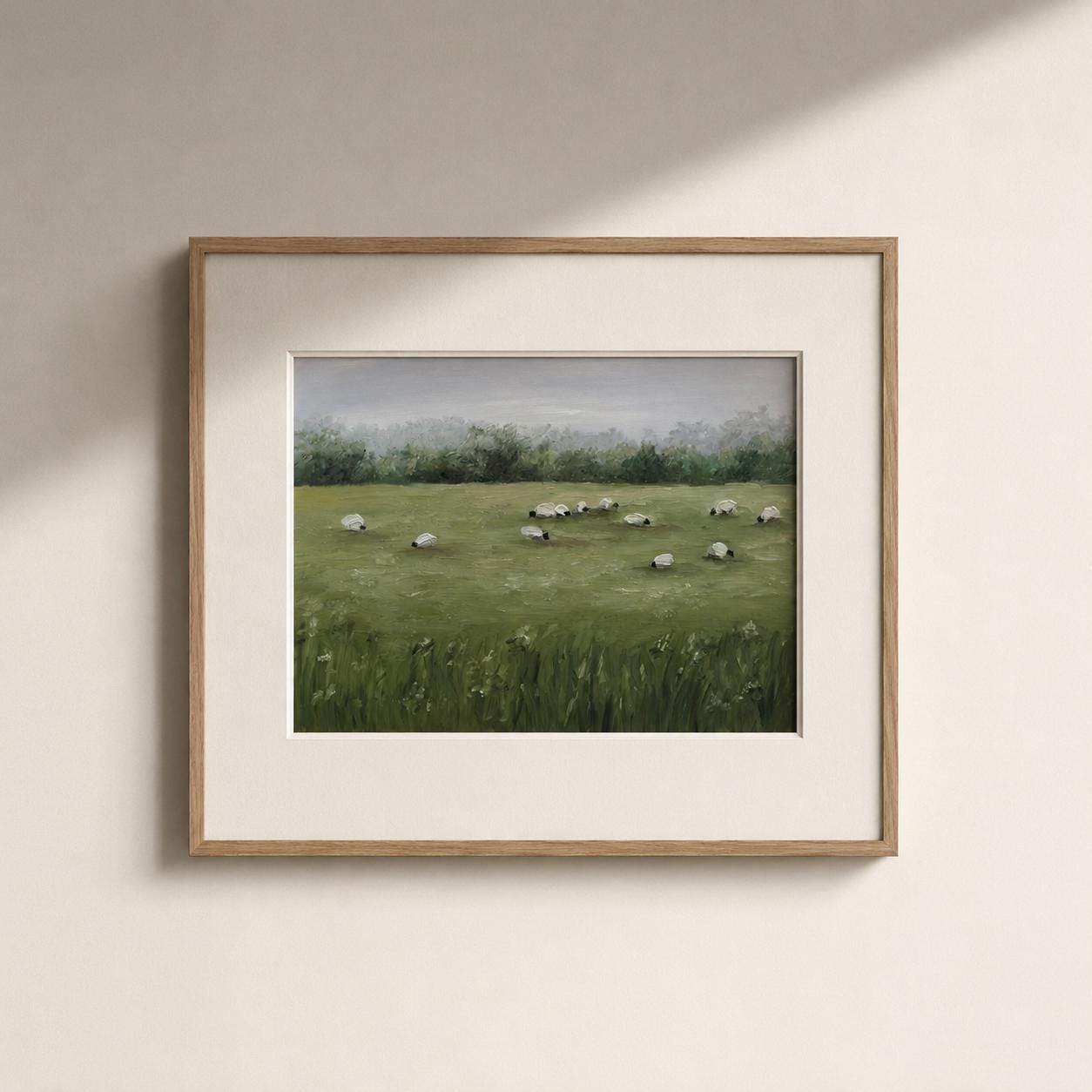 羊の牧草地プリント、素朴な農場の風景壁画、緑の牧草地の絵画プリント