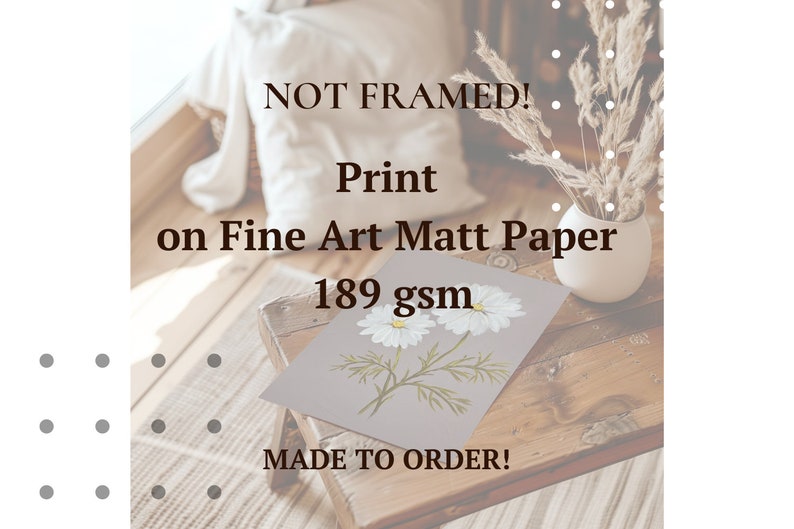 Puede incluir: Una impresi&oacute;n rectangular en papel mate de bellas artes de 189 g/m&sup2; con una ilustraci&oacute;n bot&aacute;nica de dos flores de margarita blancas con centros amarillos y tallos verdes sobre un fondo gris claro. El texto dice NOT FRAMED! Print on Fine Art Matt Paper 189 gsm MADE TO ORDER!