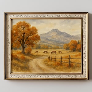 Autumn Horse Print Original Pianting Watercolor Pasture Oak Tree, Rustic Fall Wall Decor, Countryside Farmhouse Mountain Landscape Art