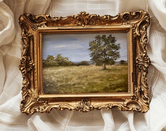 Impression paysage de prairie peinture à l'huile impression originale art de chêne paysage rural rustique en sourdine paysage neutre art mural