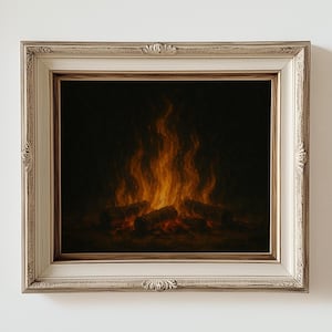 Moody Fire Oil Painting Print – Rustic Flame Wall Art, Burning Logs, Cozy Fireplace Artwork, Dark Aesthetic, Farmhouse Decor