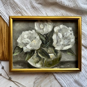 Flower Still Life Peony Art Print Moody Original Oil Painting Roses Vase Painting Neutral Farmhouse Decor. Boho Wall Art 画像 1