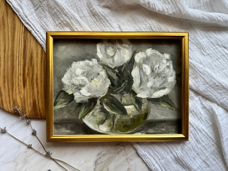 Flower Still Life Peony Art Print Moody Original Oil Painting Roses Vase Painting Neutral Farmhouse Decor. Boho Wall Art image 1