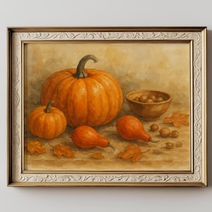 Kürbis Stillleben Aquarell Poster - Gemütliche Herbstküche Wandkunst, rustikale Herbstdekoration, horizontaler Erntedruck