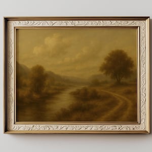 Stampa di paesaggio fluviale dell'ora d'oro - Dipinto a olio suggestivo, decorazione murale di campagna autunnale, scena naturale rustica per l'arredamento della casa