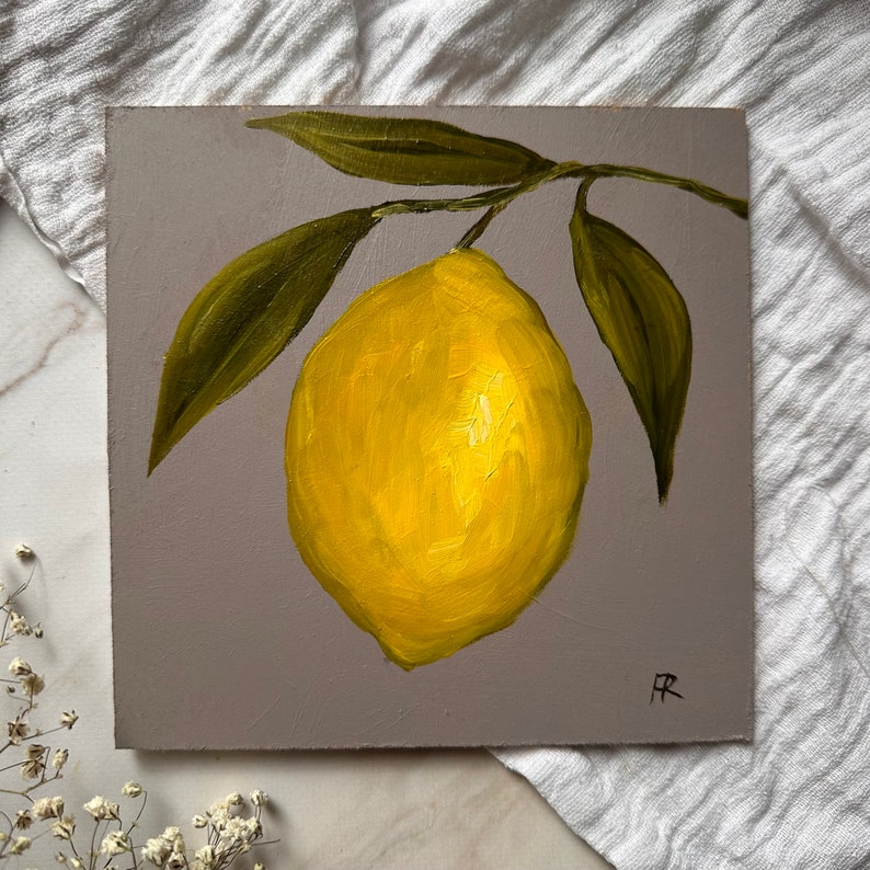 Original Oil Painting Lemon Painting Hand Painted Art Unframed Lemon Still Life Painting Lemon Wall Art Fruit Artwork Moody Oil Painting image 9