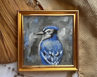 Blue Jay Oil Painting Original Art Blue Bird Artwork Moody Bird Painting Animal Artwork Small Bird Farmhouse Wall Decor Oil Painting Art