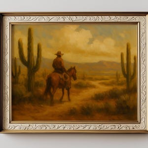 Cowboy and Horses Oil Painting Print – Arizona Desert Landscape with Cactus, Western Rider Wall Art, Moody Rustic Horse Artwork