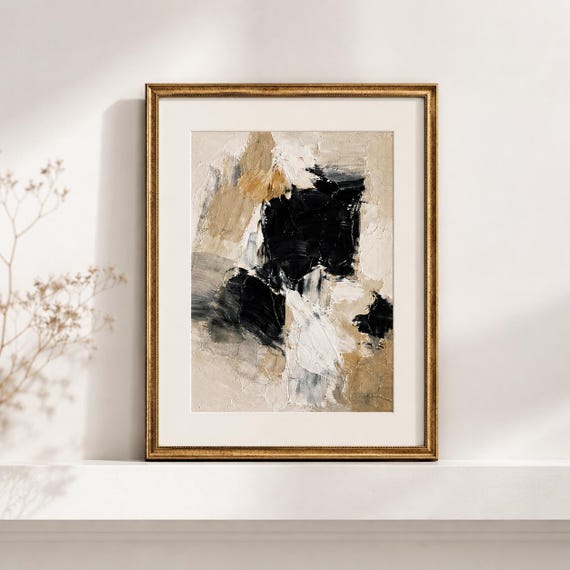 Abstract Neutral Original Oil Painting Print Modern Minimal Artwork Textured Beige Black Wall Art Poster