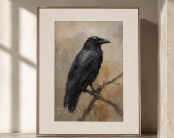 Crow Raven Original Oil Painting Wall Art Print Bird Animal Artwork Bird Wall Art Farmhouse Decor Moody Painting Forest Woodland Animal