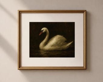 Stampa artistica da parete con cigno, dipinto di cigno bianco, opera d'arte con uccello malinconico, arredamento in stile cottage scuro, stampa neutra vintage con animale