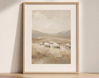 Sheep Landscape Wall Art Print, Textured Impasto Original Painting, Farmhouse Print, Beige Pastoral Painting, Rustic Country Decor
