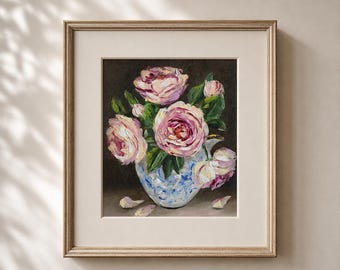 Peonies Original Oil Painting Print Peony Art Pink Flowers Artwork Wall Decor Classic Realistic Floral Still Life