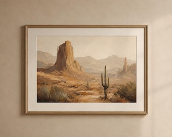Obraz ścienny z krajobrazem kanionu pustyni, oryginalny obraz, beżowy wydruk w odcieniach ziemi, grafika z kaktusa saguaro, neutralny wystrój w stylu południowo-zachodnim