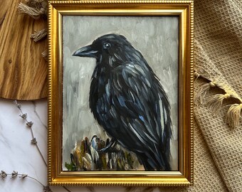 Crow Print Raven Original Oil Painting Bird Animal Crow Artwork Bird Wall Art Farmhouse Decor Moody Painting Forest Woodland Animal Art