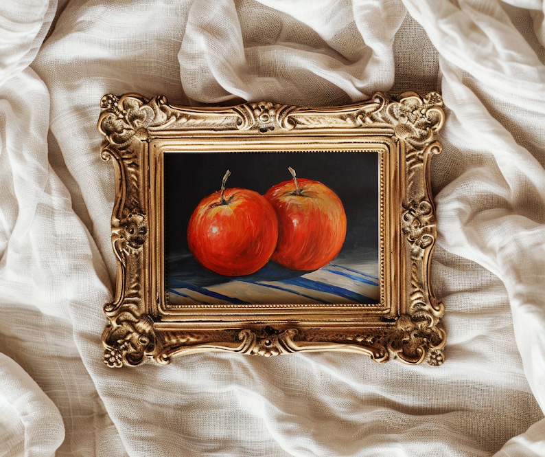 Pittura di mela Stampa artistica Pittura di natura morta Arte della parete di mela Pittura originale Piccolo dipinto a olio Decorazione della parete della fattoria Pittura di frutta. immagine 1