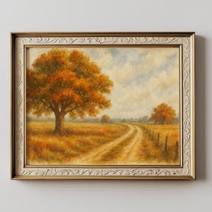 Pôster de paisagem de outono com carvalho – Impressão rústica em aquarela de estrada rural, arte de parede aconchegante de outono, pintura de campo de fazenda
