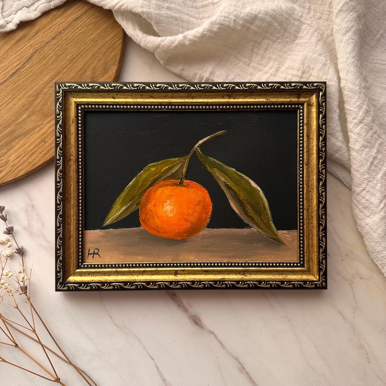 Tangerine Oil Painting Original Art Moody Orange Fruit Still Life